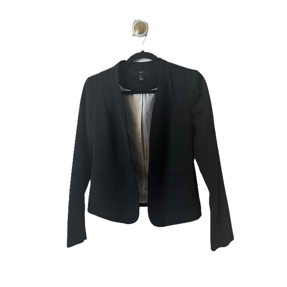 XXI Blazer Women Size S Black Open Front Long Sleeve Stripe Lining Ribbed Collar